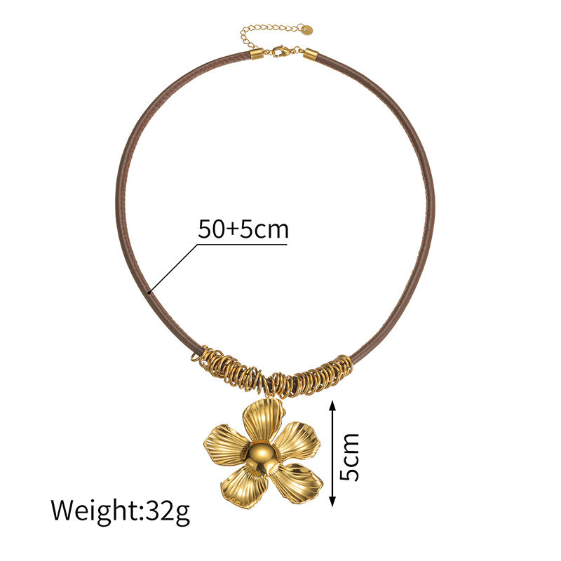 Gold Leather Cord Flower Necklace