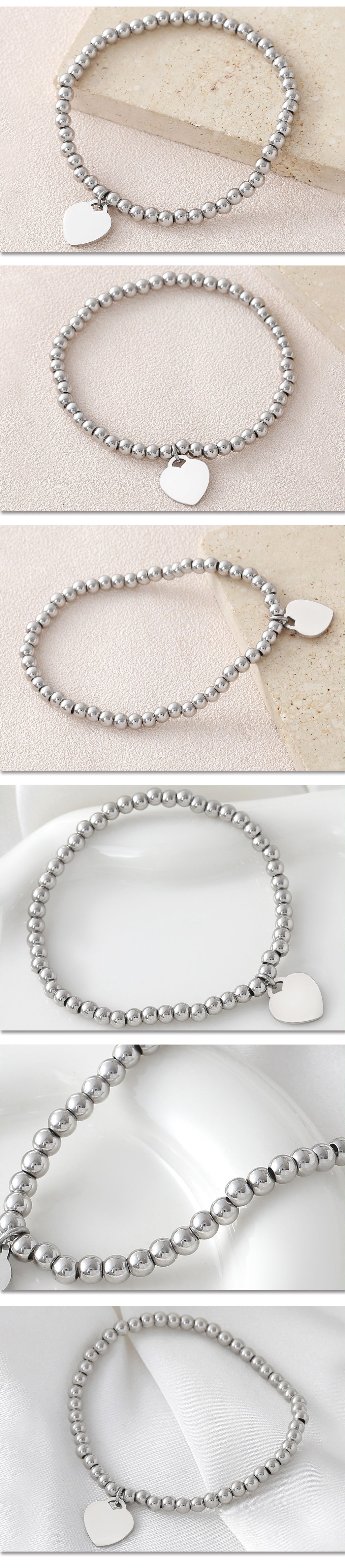 Silver Stainless Steel Beaded Heart Bracelet