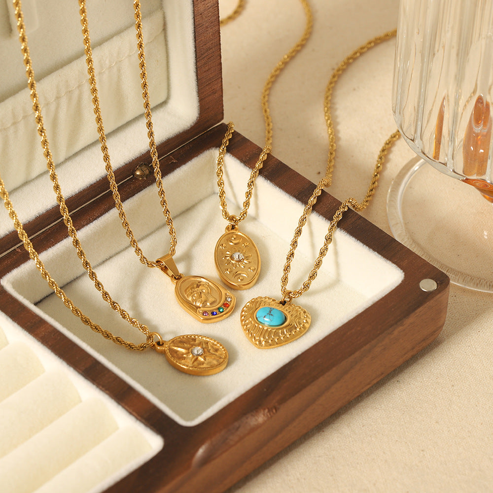 Fashion 4# Titanium Steel Diamond Starburst Oval Necklace