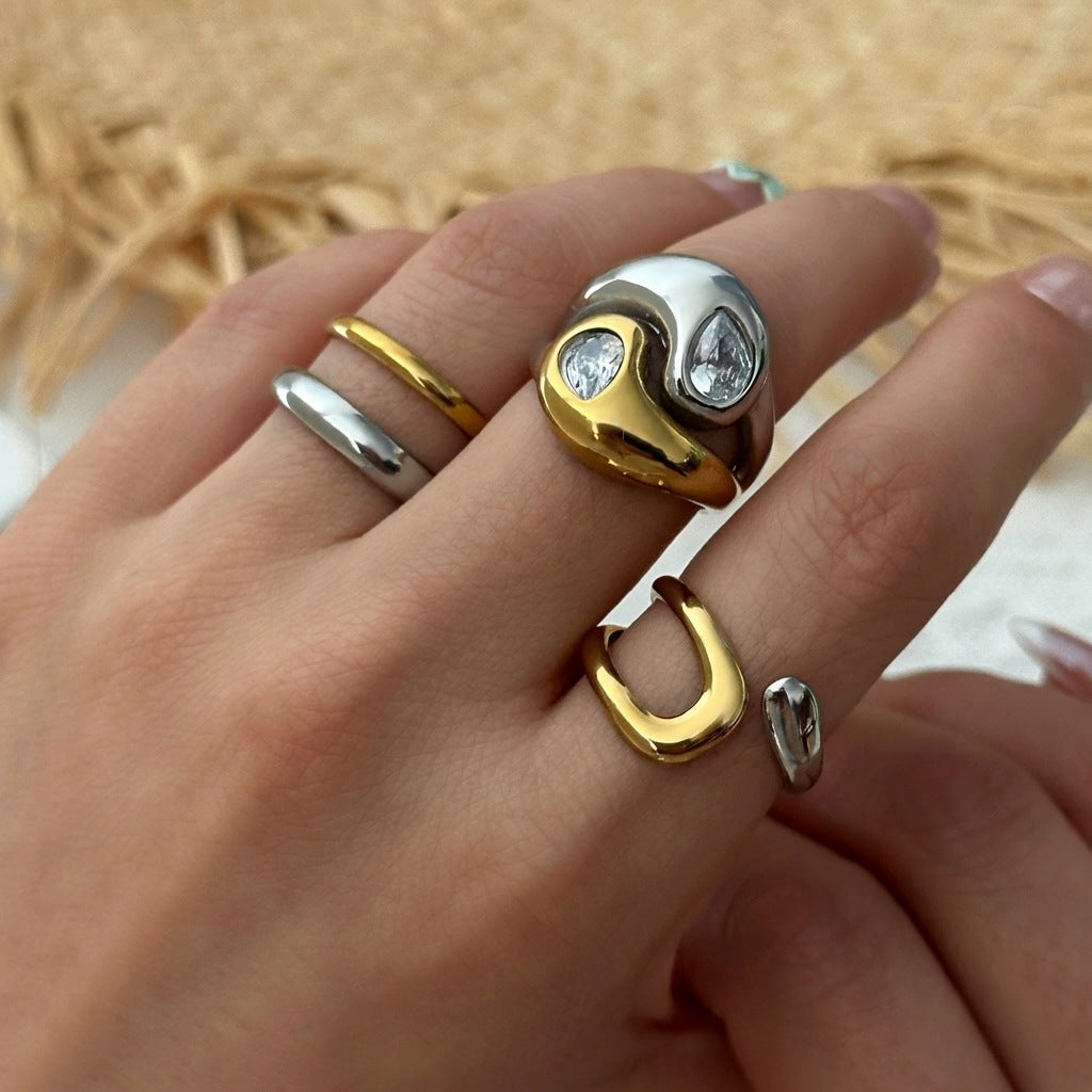 Two-tone 2 3pcs 18k Gold Stainless Steel Color Block Zircon Ring Set