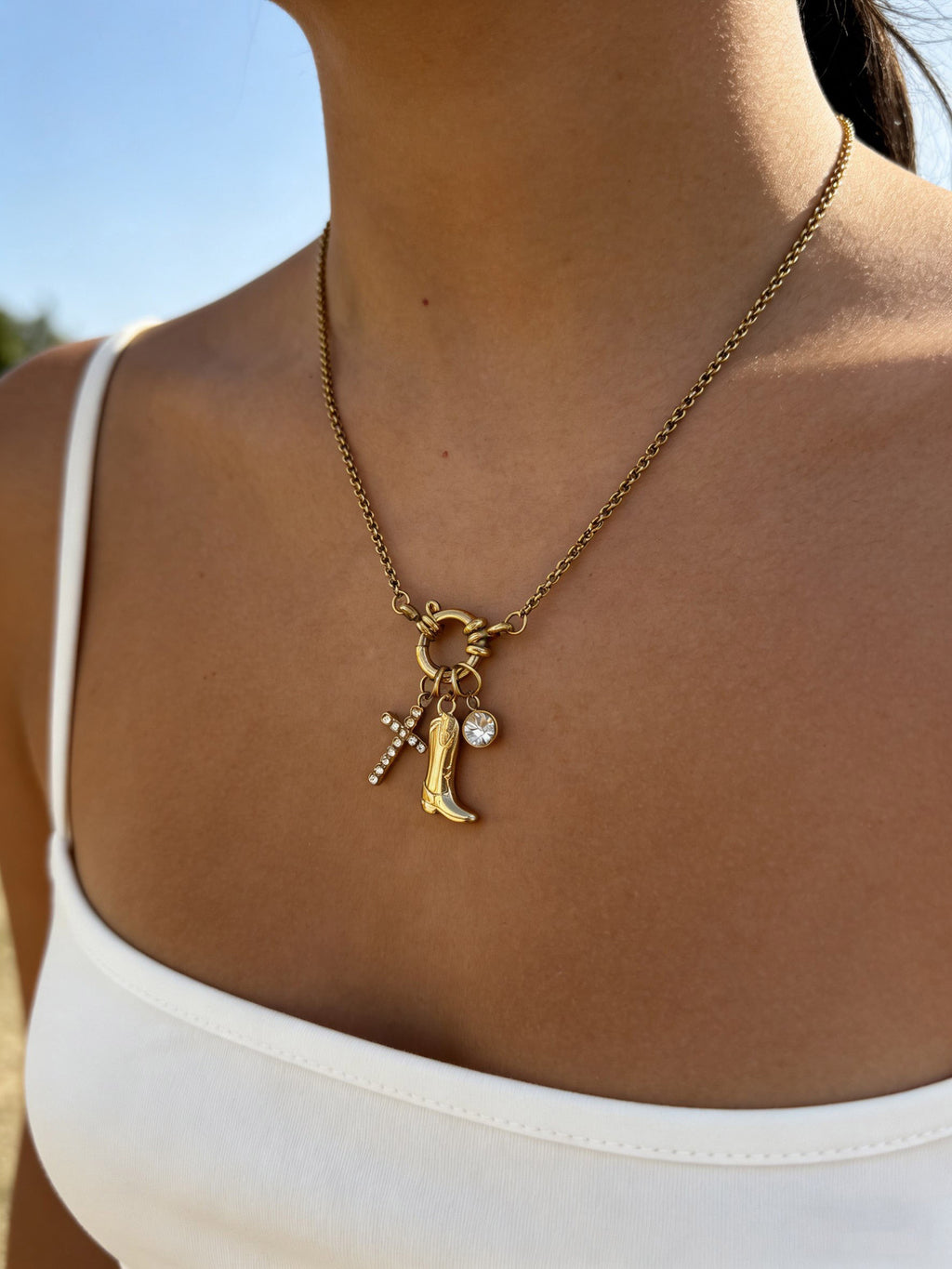 Gold Stainless Steel Diamond-encrusted Cross Boot Necklace