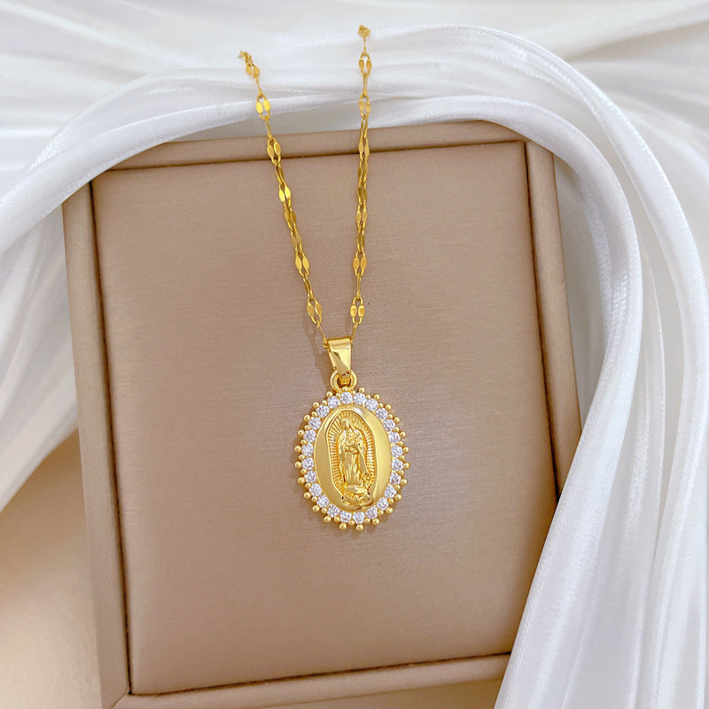 Gold Stainless Steel Diamond Portrait Necklace
