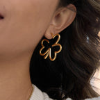 Gold Stainless Steel Openwork Four-leaf Clover Earrings