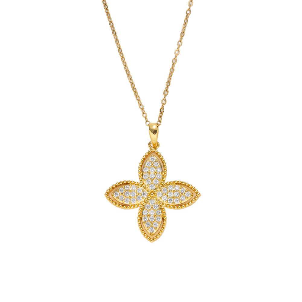 Gold Diamond-shaped Four-leaf Clover Necklace Metal And Diamond-encrusted Four-leaf Clover Necklace