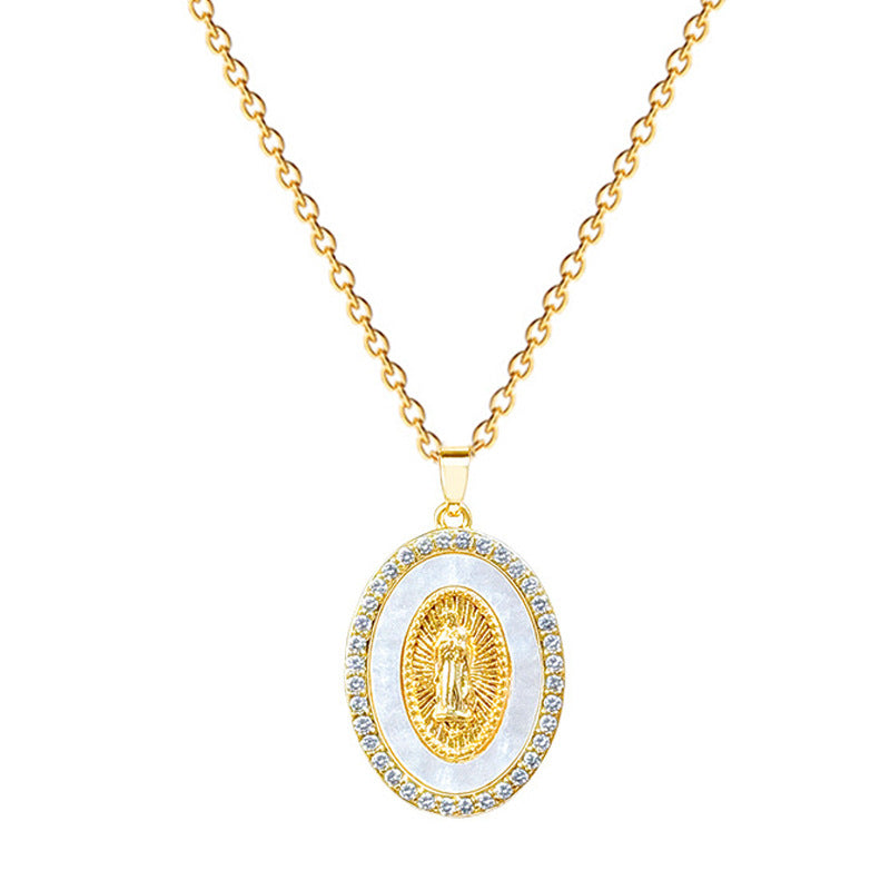 Gold Stainless Steel Diamond Portrait Oval Necklace