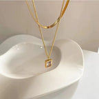 White Diamond Necklace Gold Titanium Steel Square Necklace