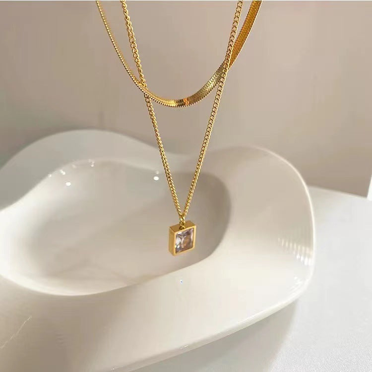 Green Diamond Necklace Gold Titanium Steel Square Necklace