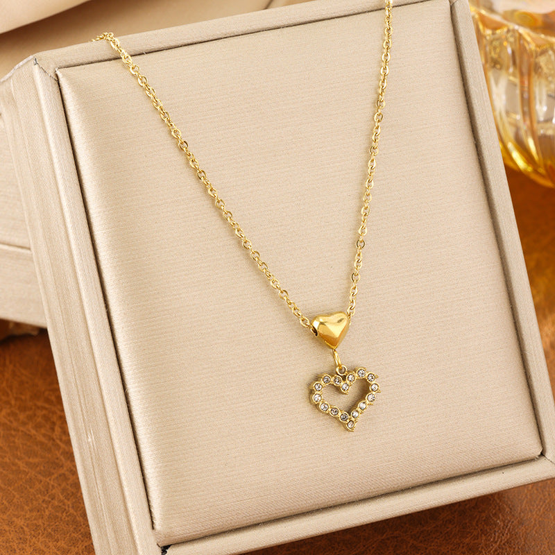 Diamond-encrusted Heart No. 2 18k Gold Plated Titanium Heart Pendant Necklace