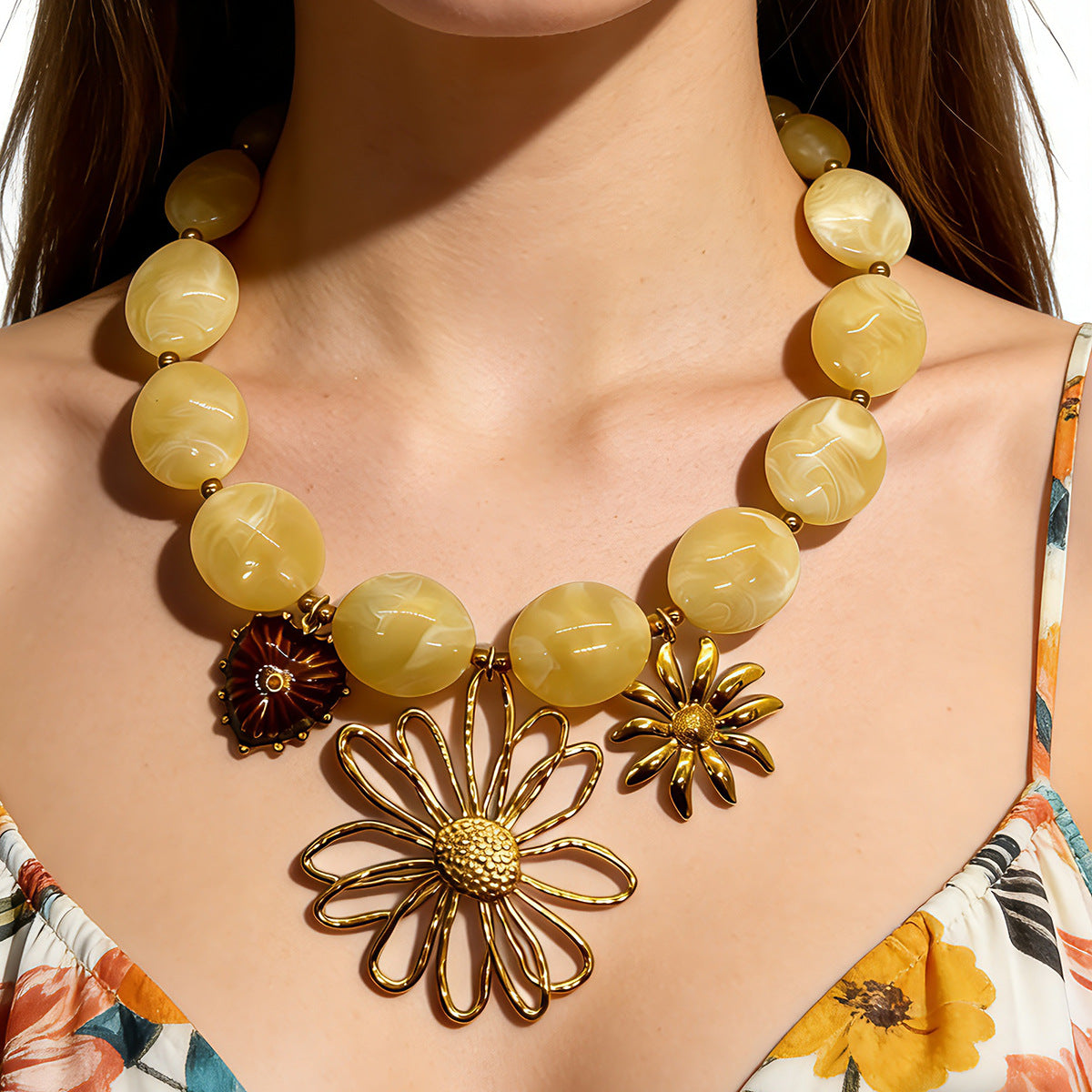 Off White Statement Stainless Steel Gold Pendant Beaded Necklace