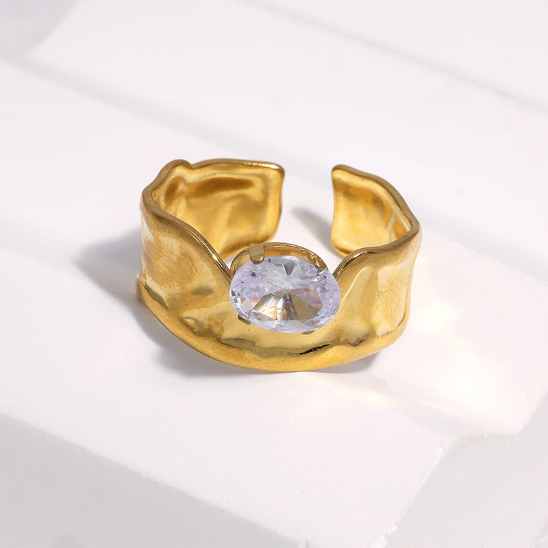 Gold Stainless Steel Open Ring Tarnish Free Gold Plated Zircon Titanium Steel