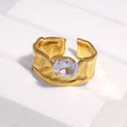 Gold Stainless Steel Open Ring Tarnish Free Gold Plated Zircon Titanium Steel