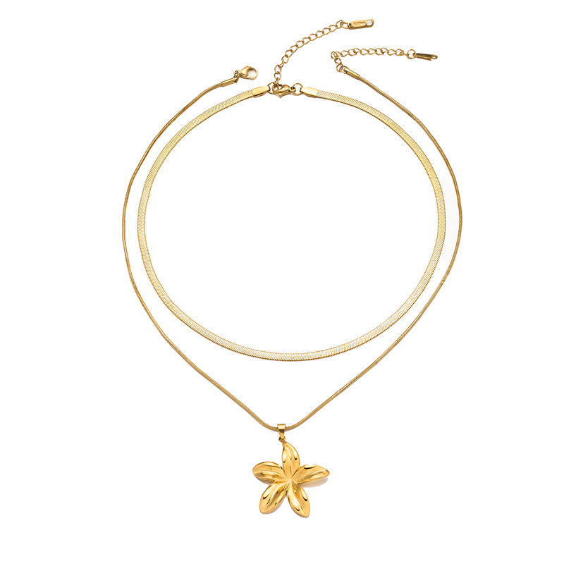 Gold Stainless Steel Flower Double Layer Necklace