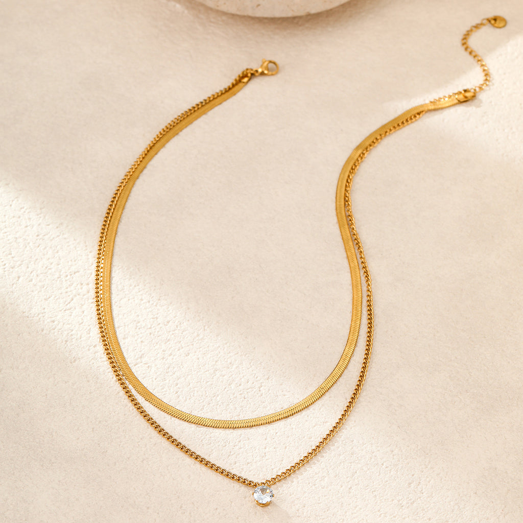 1 Double Necklace Stainless Steel Diamond Snake Bone Double Necklace