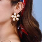 Gold Stainless Steel Pearl Flower Earrings