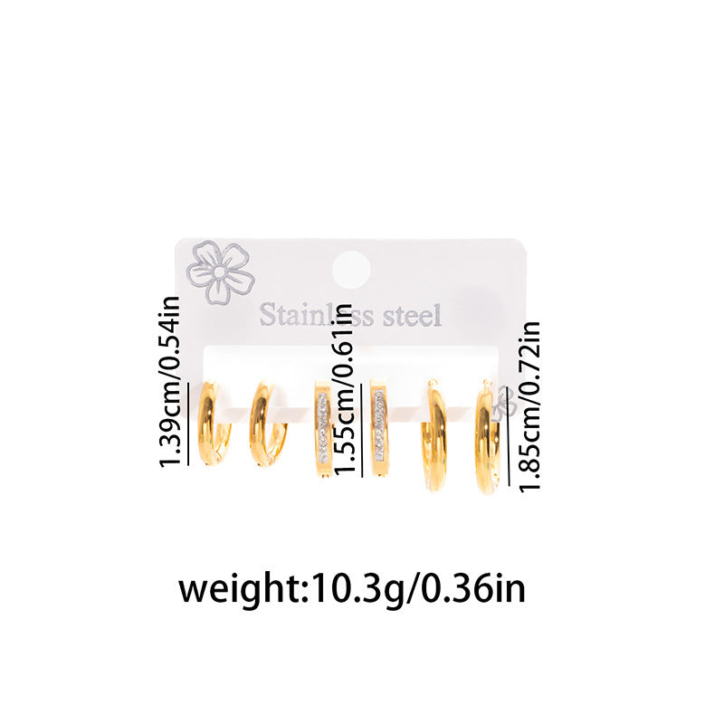 Polished Zircon Hoop Earring Set Titanium Steel Diamond-encrusted Round Earring Set