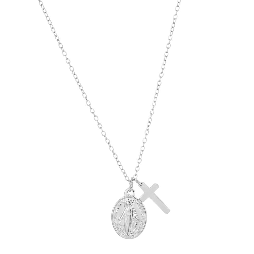 Silver Stainless Steel Cross Virgin Mary Necklace