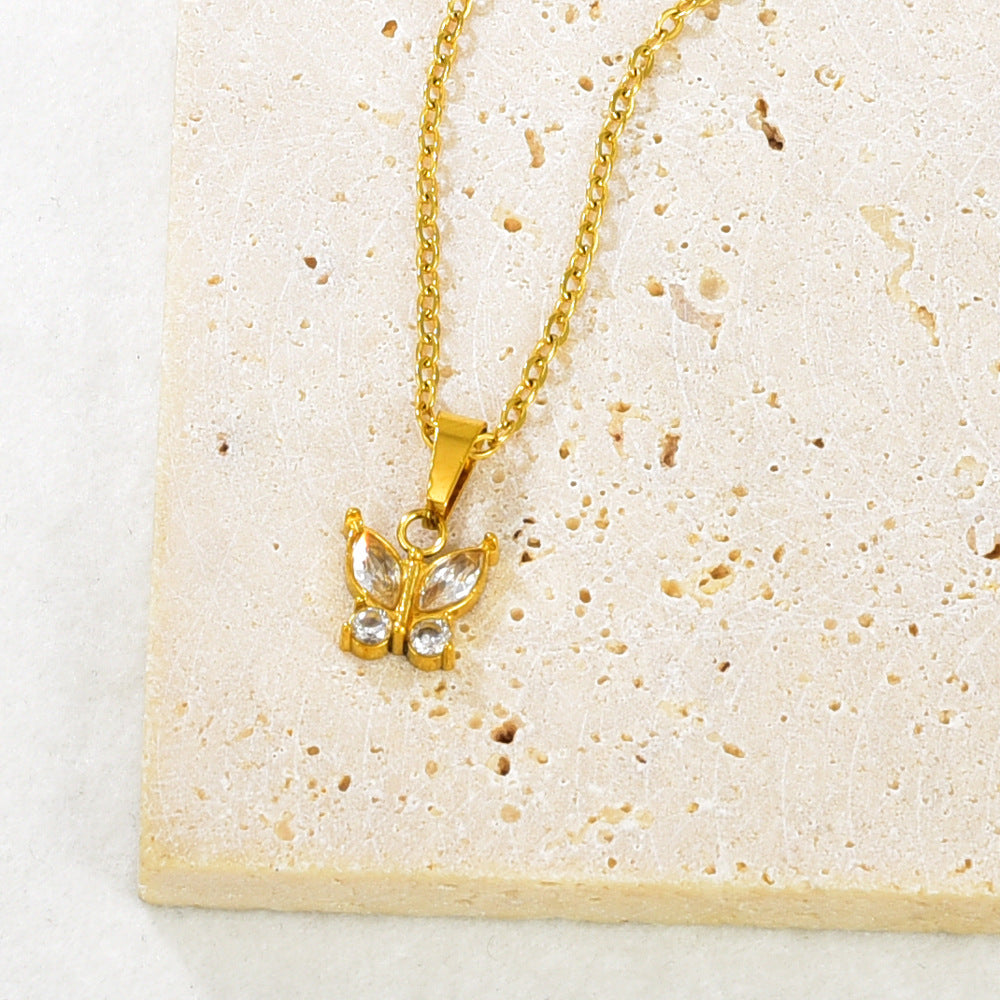 Gold Stainless Steel Diamond-encrusted Butterfly Necklace