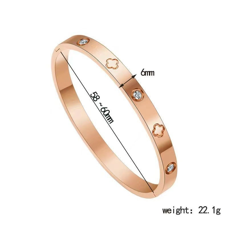 Rose Gold Titanium Steel Diamond-encrusted Four-leaf Clover Bracelet