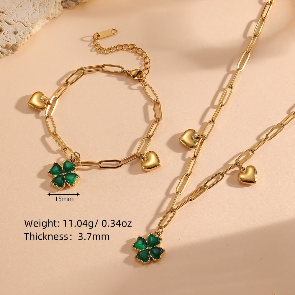 Green Four-leaf Clover Heart Bracelet Stainless Steel Exquisite Clover Heart Link Bracelet