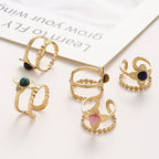 European And American Stainless Steel Flower Inlaid Stone Ring Black One By One Stainless Steel Petal Double Ring