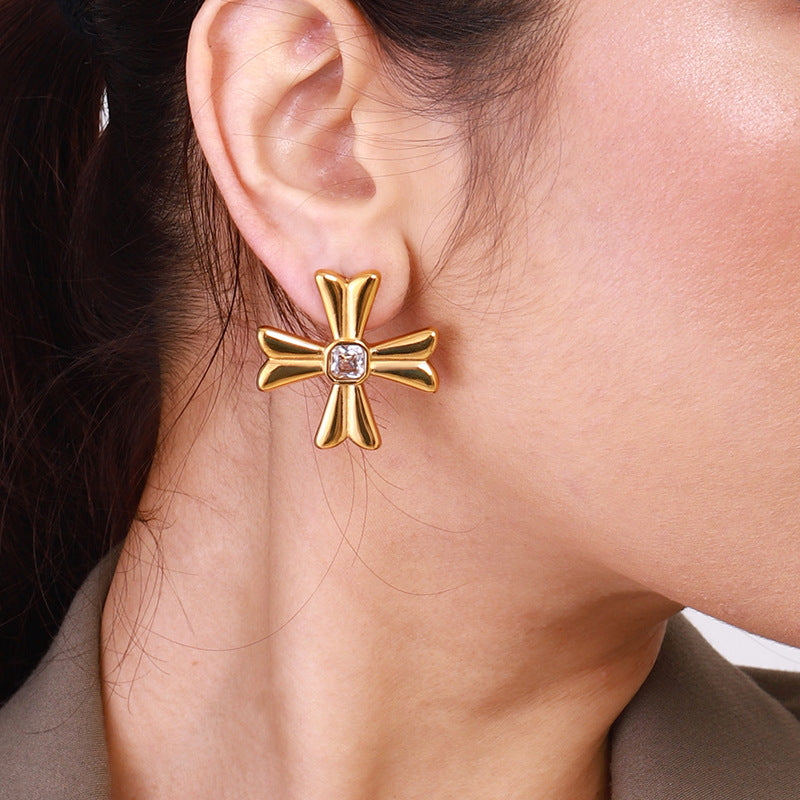 Gold Stainless Steel Diamond Cross Earrings