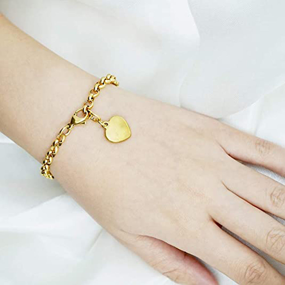 Gold 14mm Smooth Heart-shaped 18k Gold Bracelet With Laser-engraved Letters