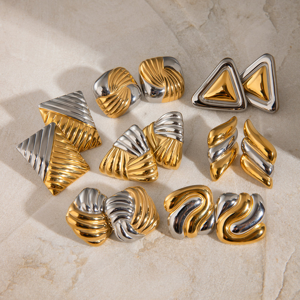 Gold And Silver 6 Stainless Steel Contrast Geometric Texture Earrings