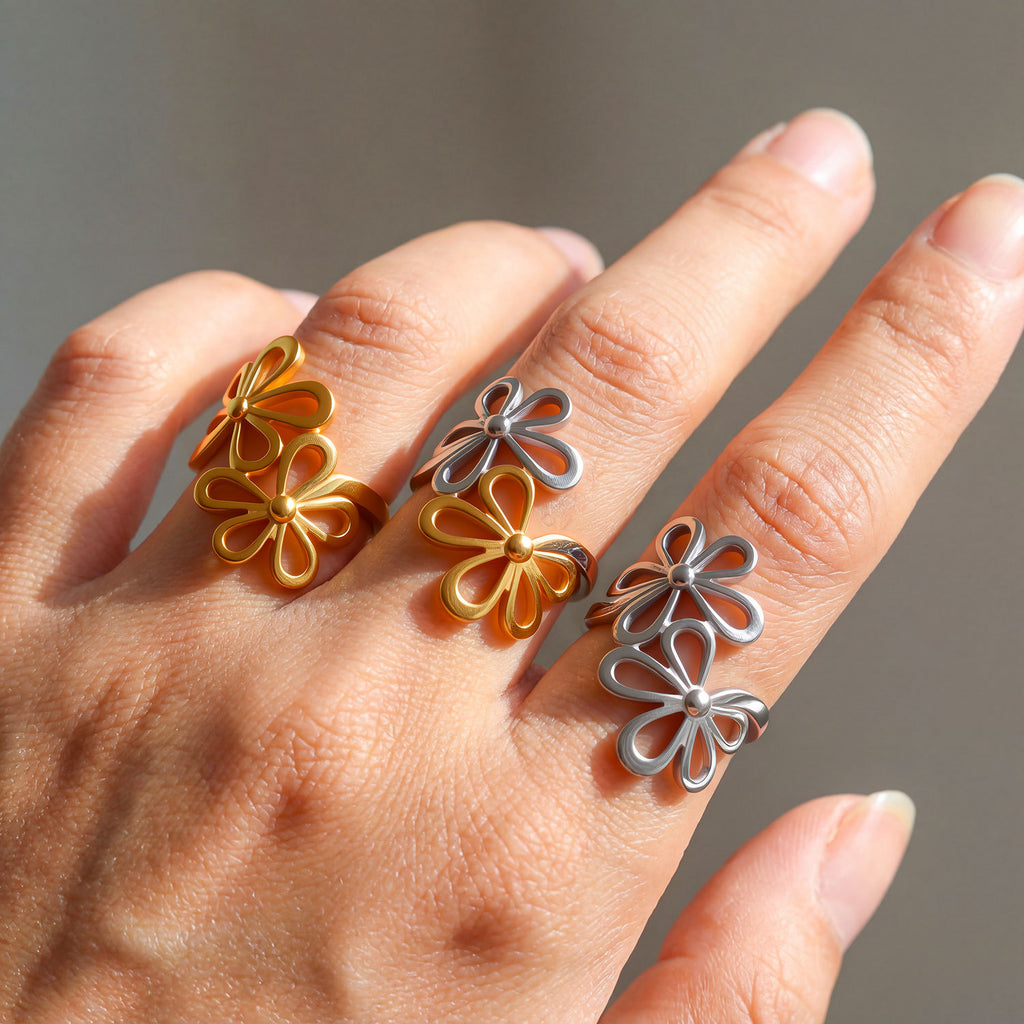 Gold Stainless Steel Openwork Flower Ring