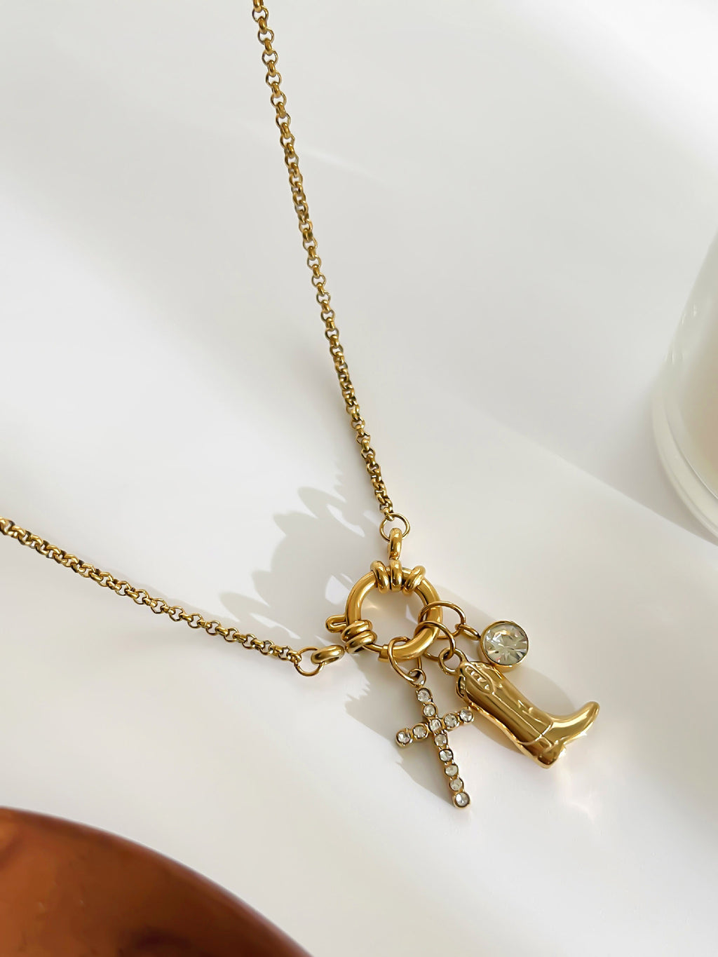 Gold Stainless Steel Diamond-encrusted Cross Boot Necklace