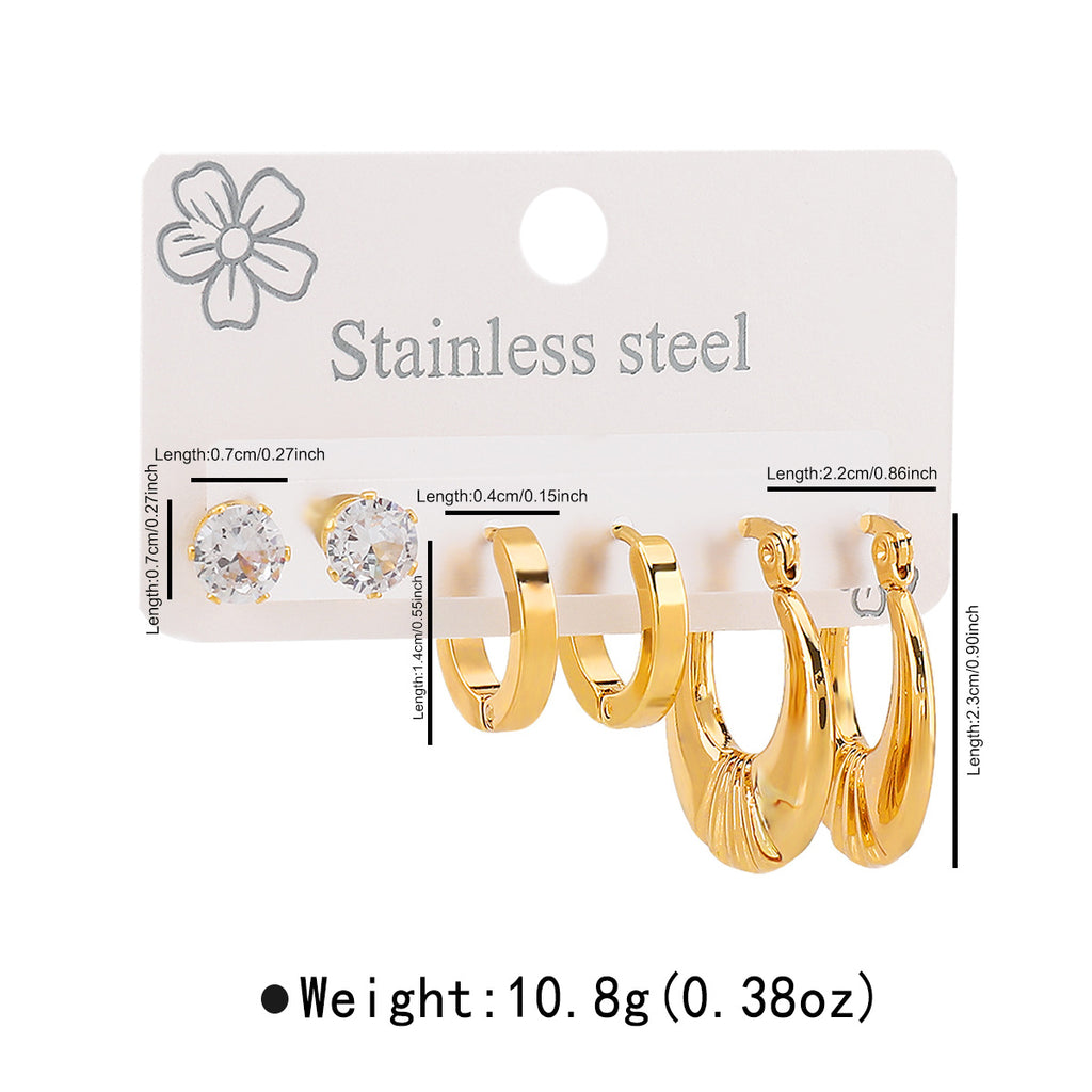 Round Stainless Steel Diamond Oval Five-pointed Star Heart Geometric Earrings Set