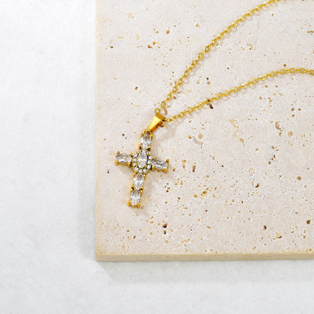 Gold Stainless Steel Diamond-encrusted Cross Necklace