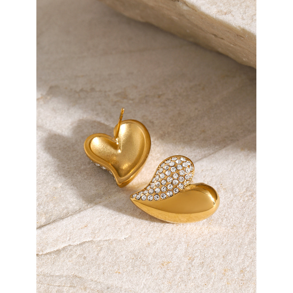 Fashion Gold Stainless Steel Diamond Heart Earrings