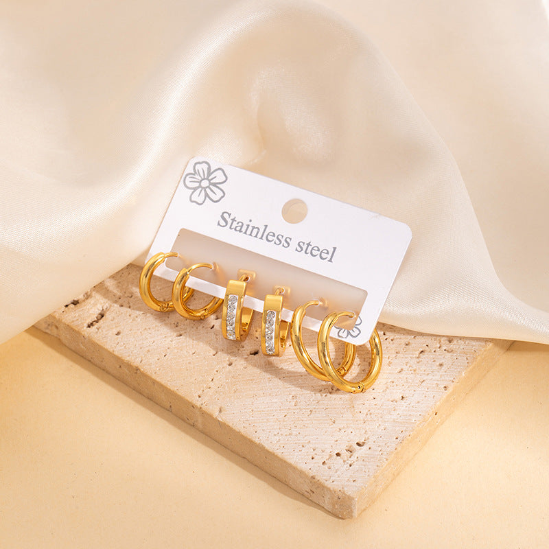 Polished Zircon Hoop Earring Set Titanium Steel Diamond-encrusted Round Earring Set