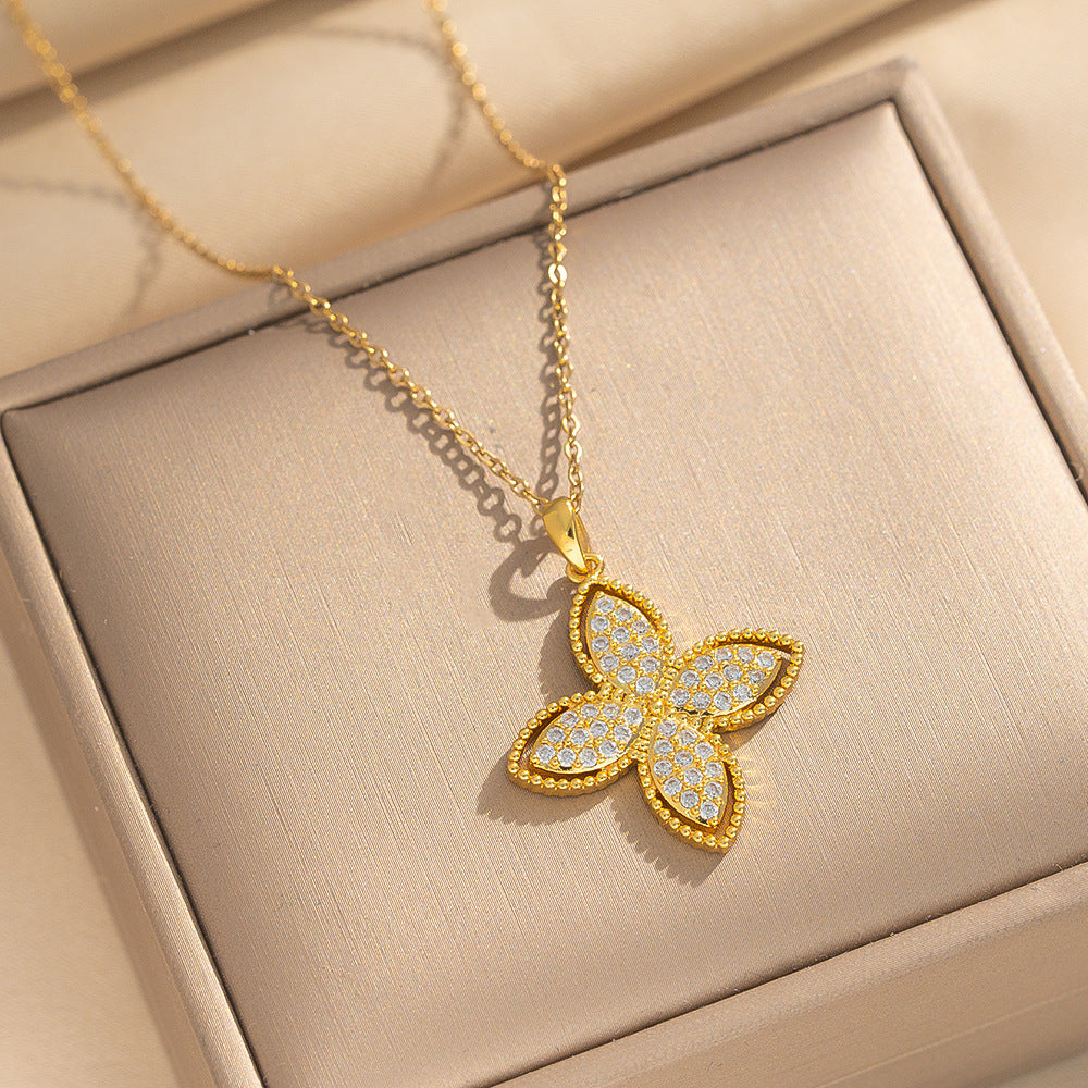 Gold Diamond-shaped Four-leaf Clover Necklace Metal And Diamond-encrusted Four-leaf Clover Necklace