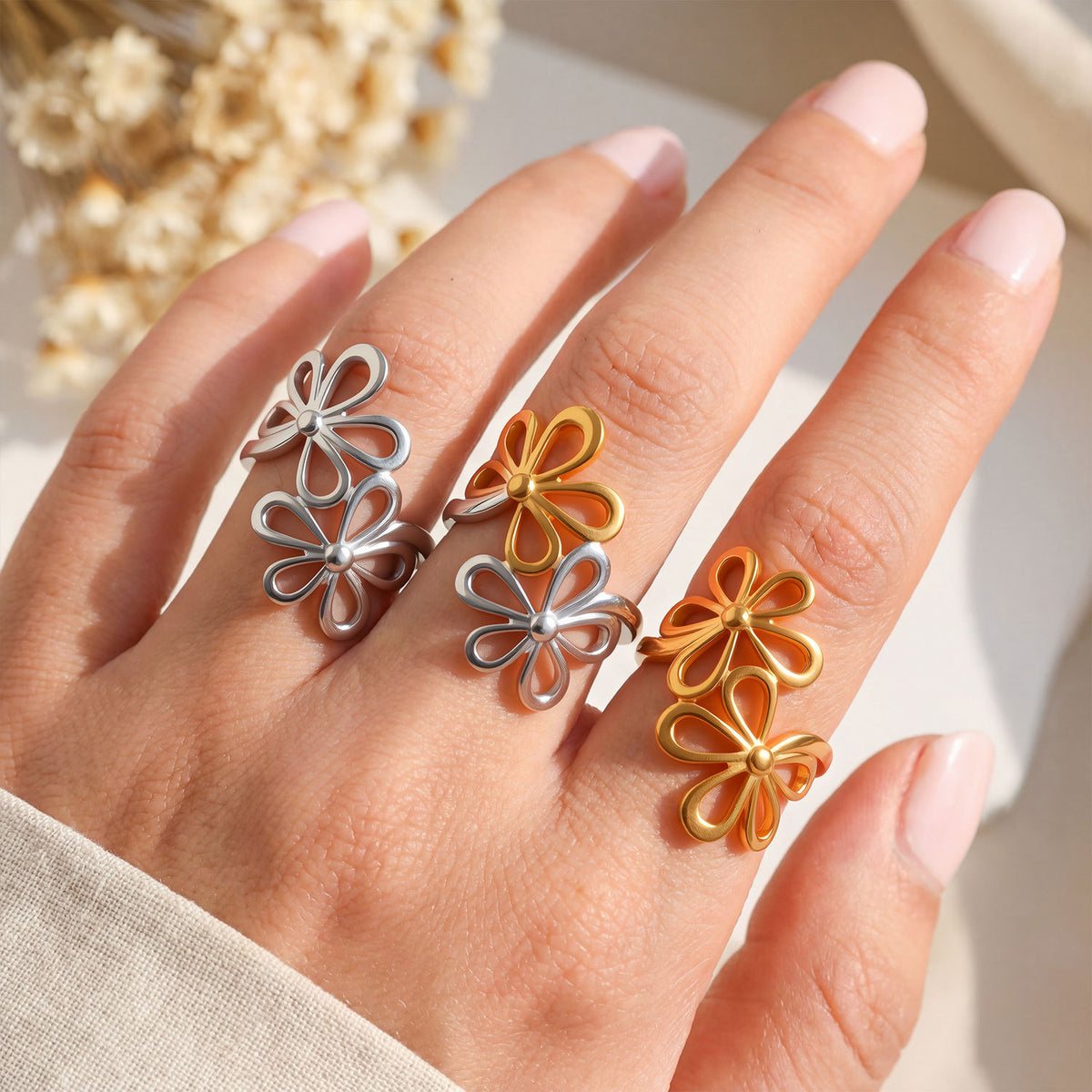 Steel Color Stainless Steel Openwork Flower Ring