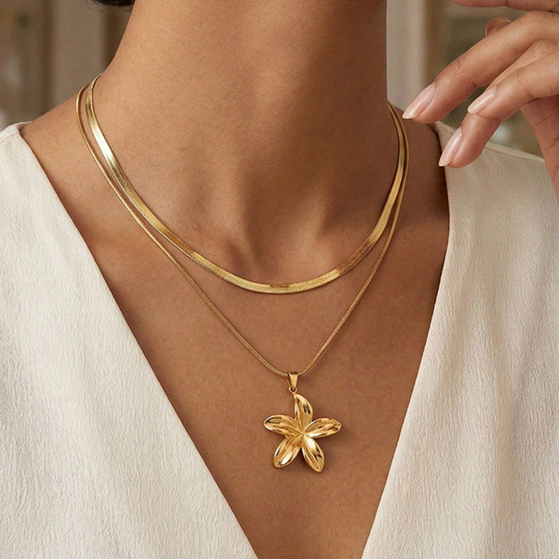 Gold Stainless Steel Flower Double Layer Necklace