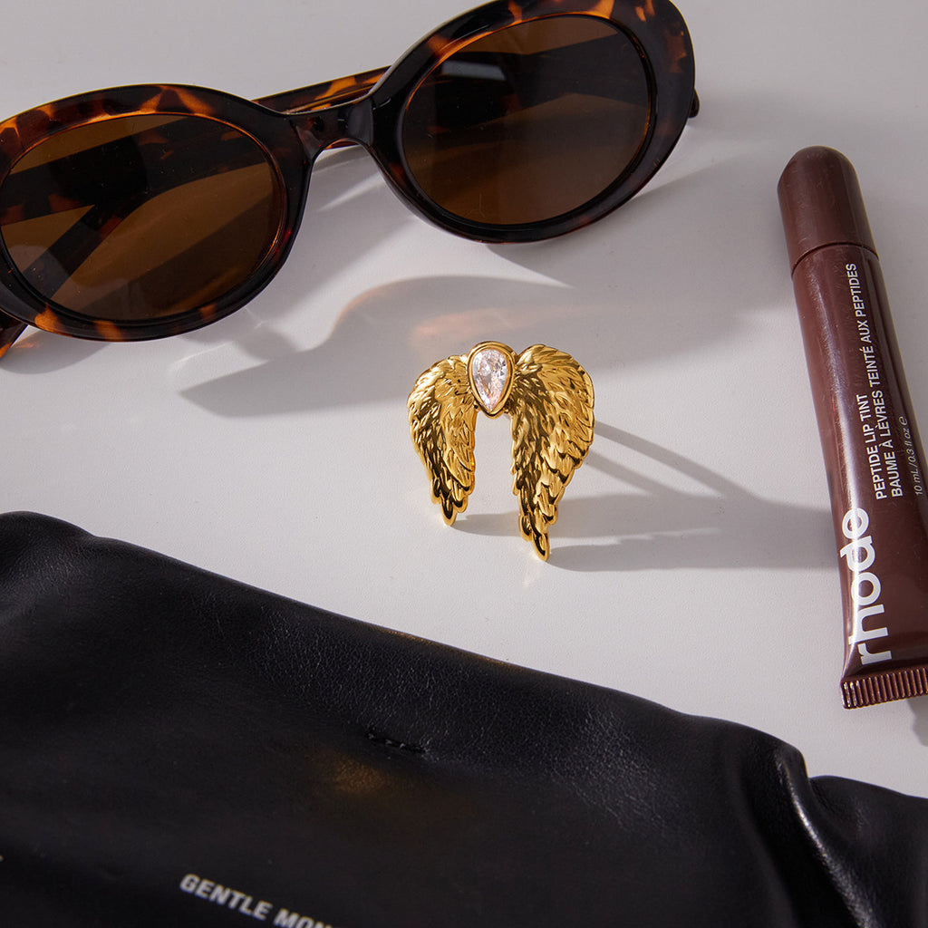 Gold Stainless Steel Diamond-encrusted Wing Ring