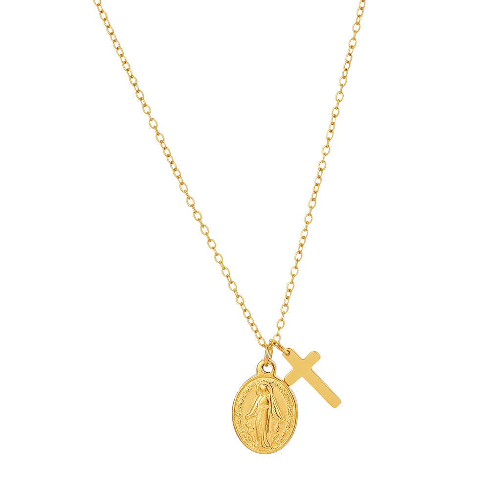 Gold Stainless Steel Cross Virgin Mary Necklace