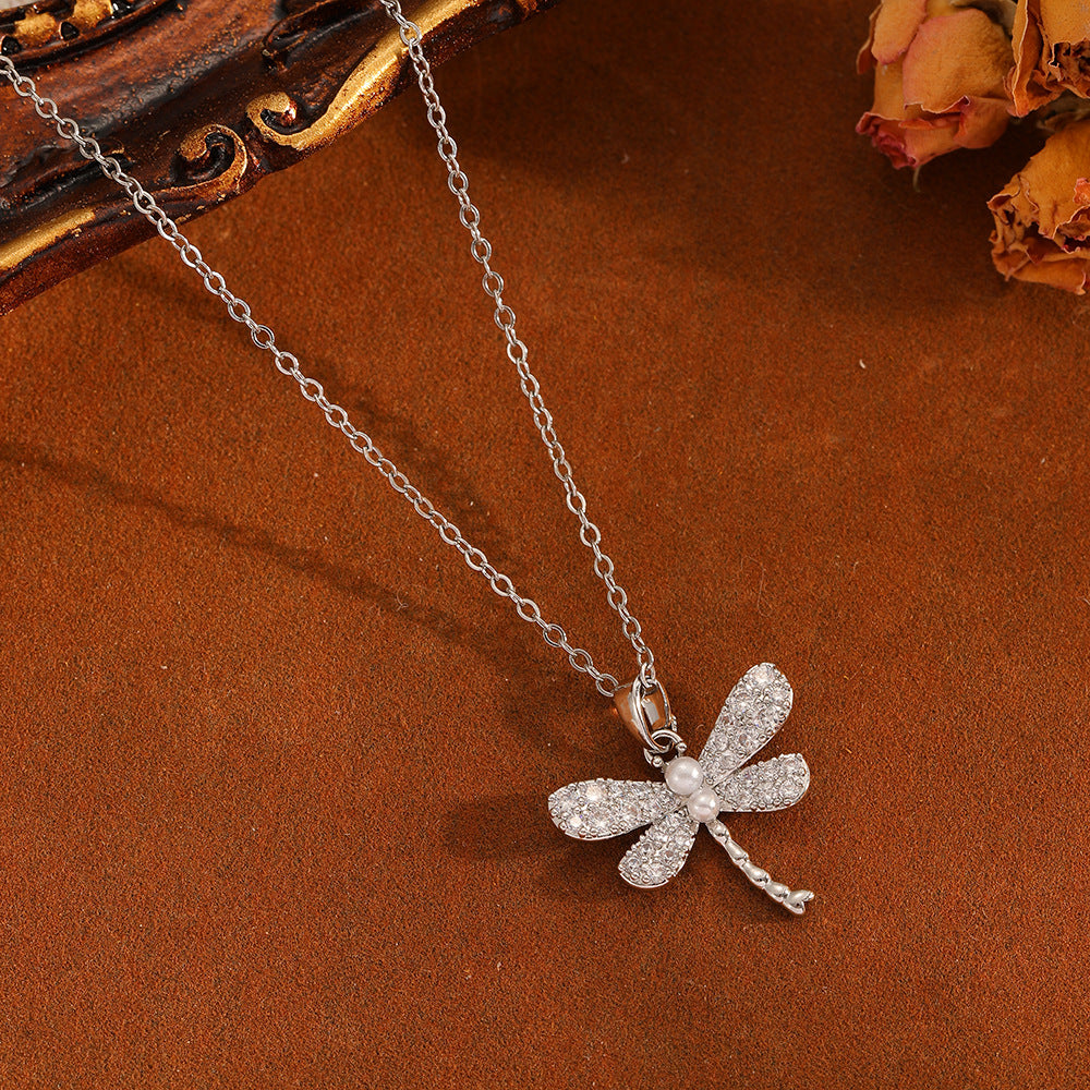 Silver White Diamond Necklace Stainless Steel Diamond-encrusted Dragonfly Necklace