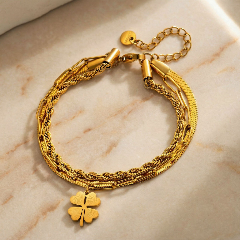 Gold Stainless Steel Four-leaf Clover Double-layer Bracelet