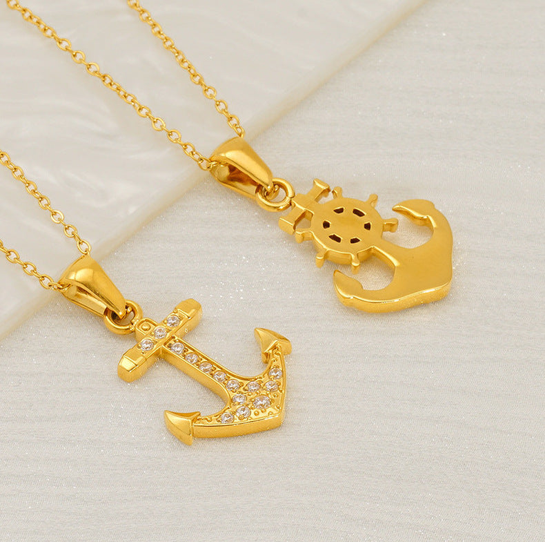 Anchor 3 Stainless Steel Diamond Anchor Necklace