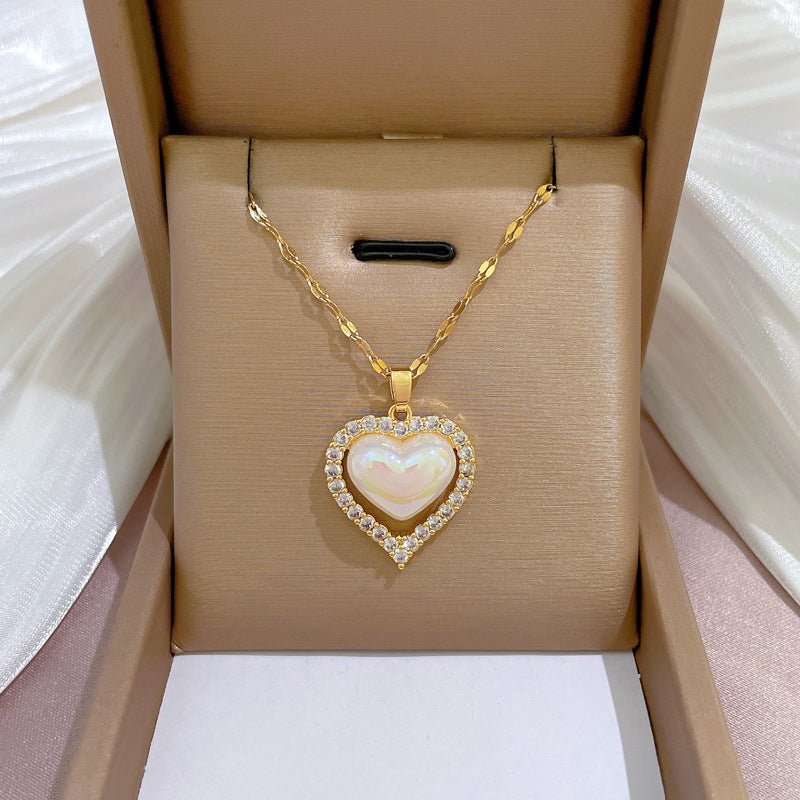 Gold Stainless Steel Diamond-encrusted Heart-shaped Pearl Necklace
