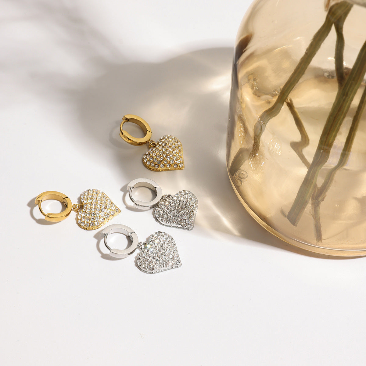 Silver Stainless Steel Diamond Heart Hoop Earrings
