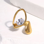 Gold Stainless Steel Open Ring Tarnish Free Gold Plated Zircon Titanium Steel