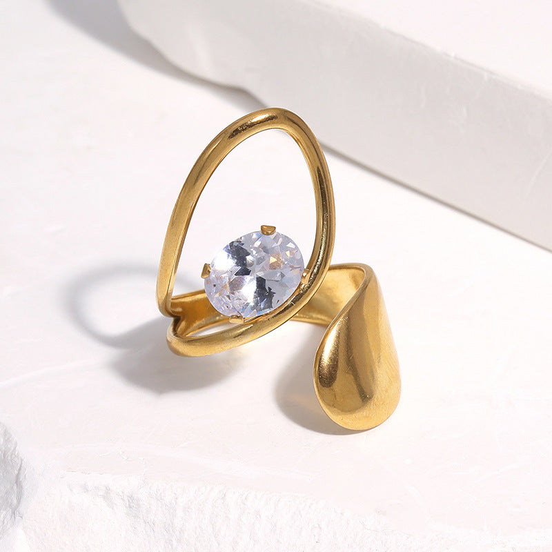 Gold Stainless Steel Open Ring Tarnish Free Gold Plated Zircon Titanium Steel