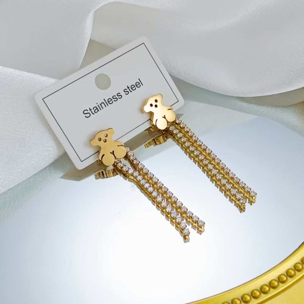 Gold Bear Rhinestone Tassel Drop Earrings