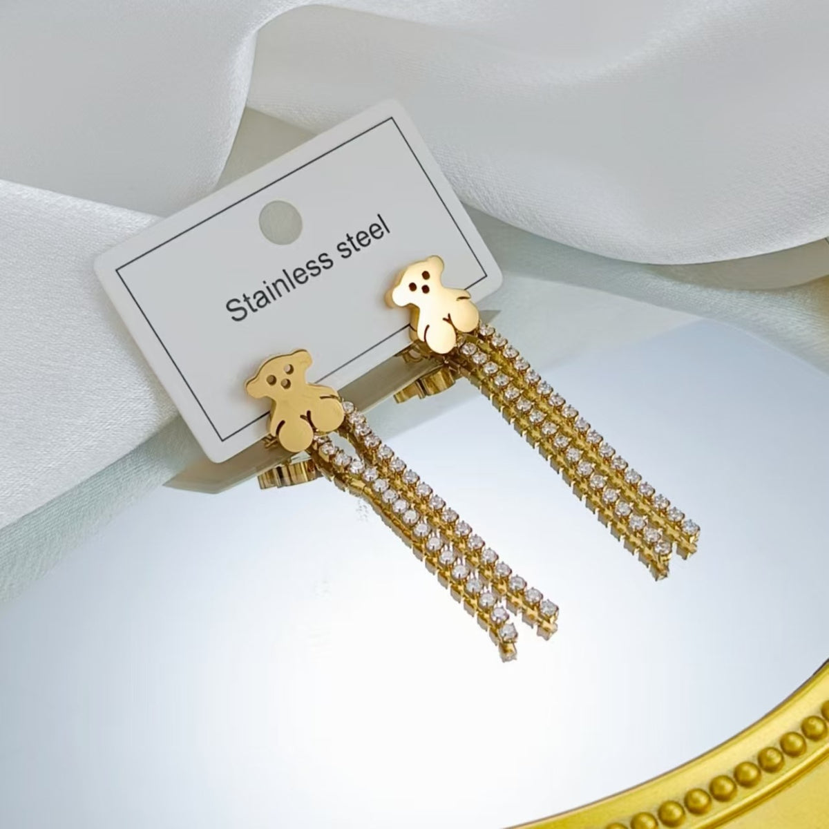 Gold Bear Rhinestone Tassel Drop Earrings
