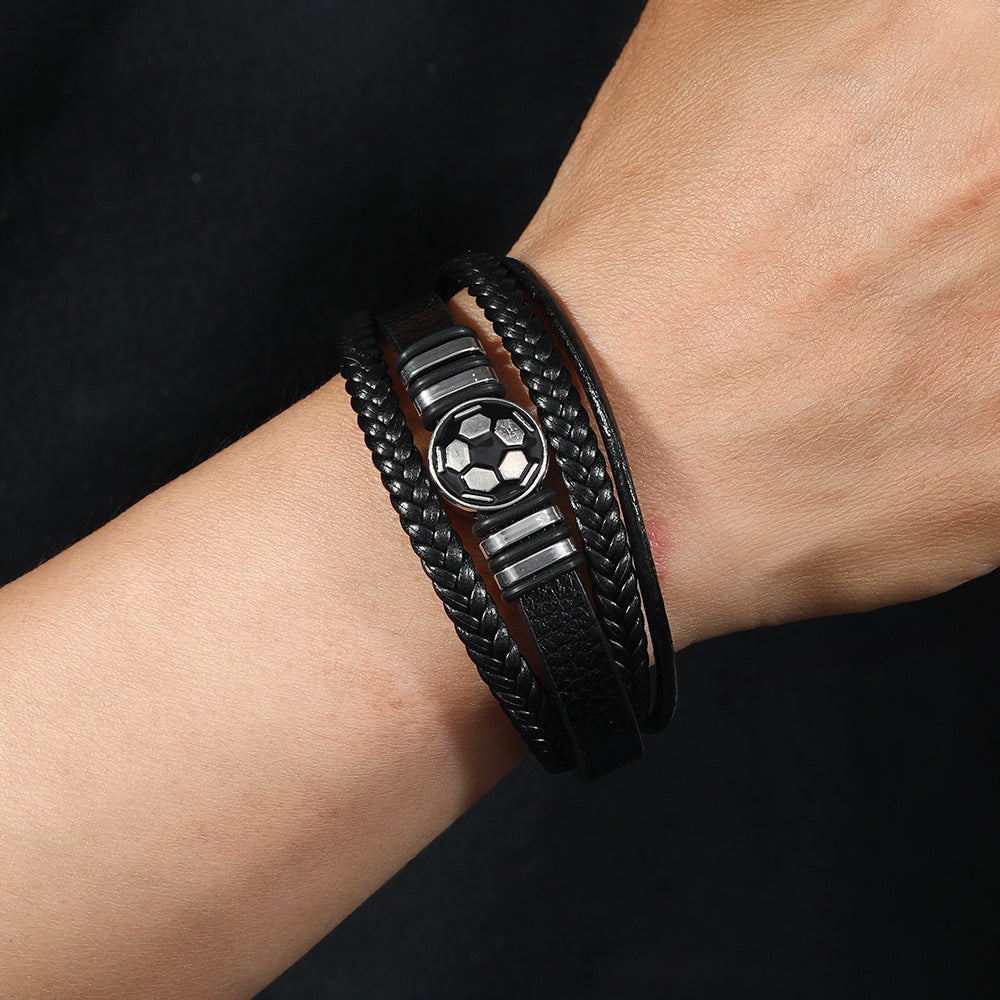 Black 23cm Multi-layer Braided Football Magnetic Buckle Men's Bracelet
