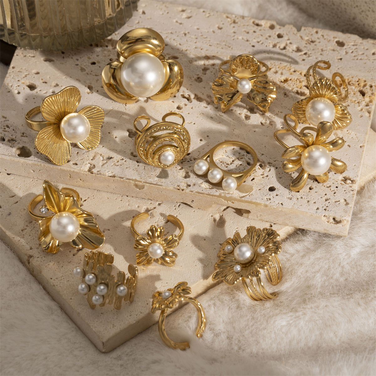 Ring 2 Stainless Steel Pearl Flower Irregular Ring
