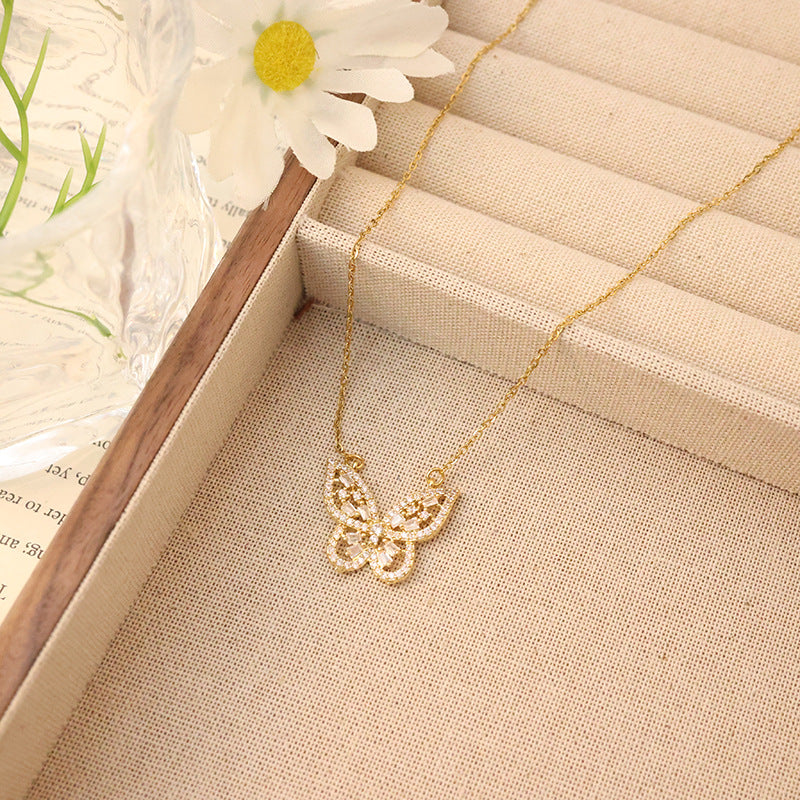 Silver Titanium Steel Diamond Butterfly Necklace